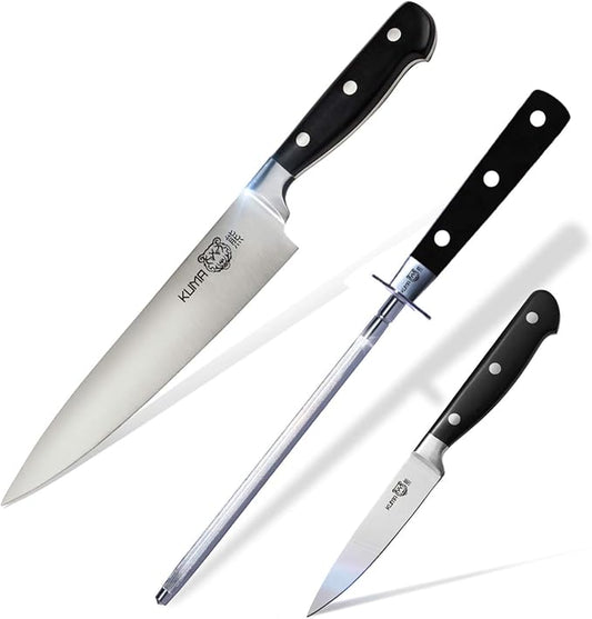 KUMA Chef Knife Set (3 items) - Razor Sharp Out The Box - 8 Inch Chef's Knife for Carving, Slicing, Chopping - Great Ergonomic Handle - Kitchen Knives (Pro Bolster Edition + Paring Knife + Honing Rod)