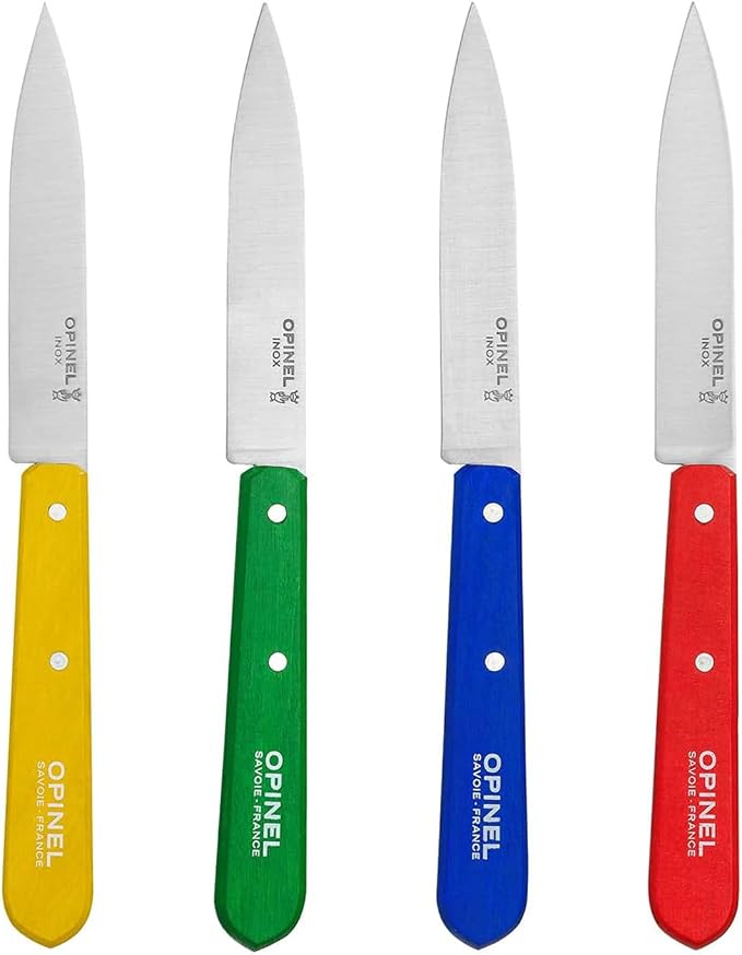 Opinel No. 112 Paring Knives Box Set, 4 Piece Paring Knife Set, High Carbon Steel for Chopping, Peeling, Slicing, Trimming, Painted Hornbeam Handles, Made in France (Classic), One Size, (001233)
