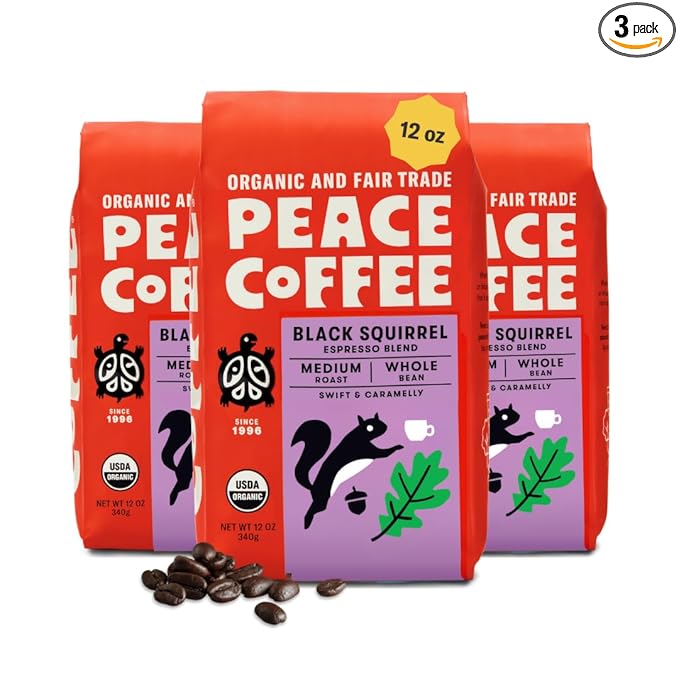 Peace Coffee Black Squirrel Espresso Blend Medium Roast Whole Bean Coffee, 12 oz, Pack of 3, Organic Fair Trade, Smooth, Classic Flavor, Shade Grown, Fresh Roasted