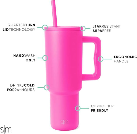 Simple Modern 40 oz Trek Tumbler with Handle and Straw Lid | Cup Holder Friendly Insulated Stainless Steel Travel Mug | Raspberry Vibes (Pack of 12)