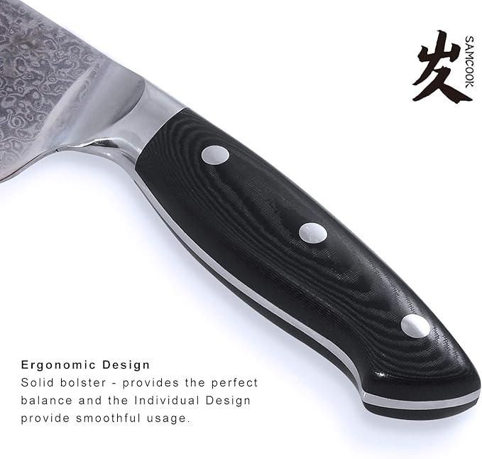 SAMCOOK Damascus Chef Knife - 8 Inch Professional Sharp Kitchen Knife - Japanese VG-10 High Carbon Stainless Steel Gyuto Cooking knife - Ergonomic Micarta Wood Handle with Gift Box