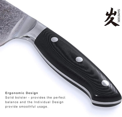 SAMCOOK Damascus Chef Knife - 8 Inch Professional Sharp Kitchen Knife - Japanese VG-10 High Carbon Stainless Steel Gyuto Cooking knife - Ergonomic Micarta Wood Handle with Gift Box