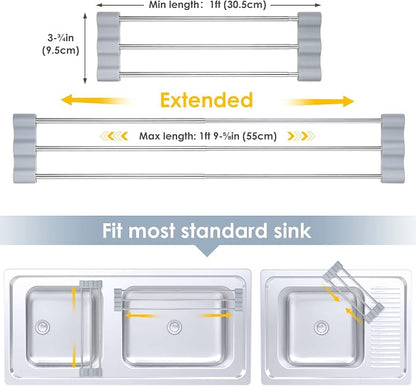 Tomorotec Adjustable Over-The-Sink Kitchen Rack for Dishcloths, Sponges, Bottles and Brushes - Heat-Resistant Stainless Steel with Slim, Expandable Design and Multifunctional Silicone Holder