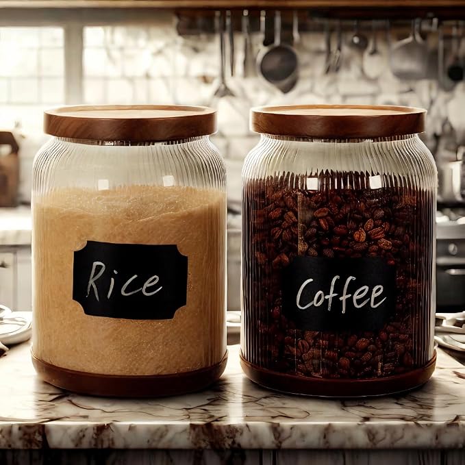 SAIOOL 2-Pack Striped Borosilicate Glass Airtight Canisters - Big mouth Large Capacity, Acacia Wood Lid, Food Storage Jars for Flour, Pasta, Pantry Organization (3/4 Gallon （2 Striped pack）)