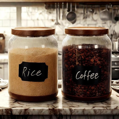 SAIOOL 2-Pack Striped Borosilicate Glass Airtight Canisters - Big mouth Large Capacity, Acacia Wood Lid, Food Storage Jars for Flour, Pasta, Pantry Organization (3/4 Gallon （2 Striped pack）)