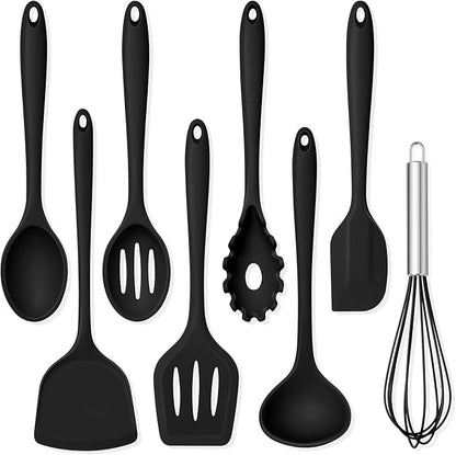 TeamFar Silicone Cooking Utensils Set, 8 PCS Kitchen Utensils Set, 446°F Heat Resistant, Turner, Spatula, Spoon, Whisk, Kitchen Cooking Gadgets Tools for Nonstick Cookware, Dishwasher Safe-Black