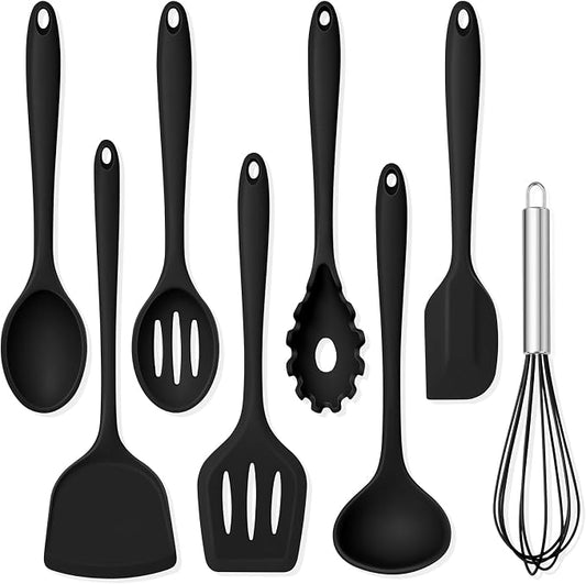 TeamFar Silicone Cooking Utensils Set, 8 PCS Kitchen Utensils Set, 446°F Heat Resistant, Turner, Spatula, Spoon, Whisk, Kitchen Cooking Gadgets Tools for Nonstick Cookware, Dishwasher Safe-Black