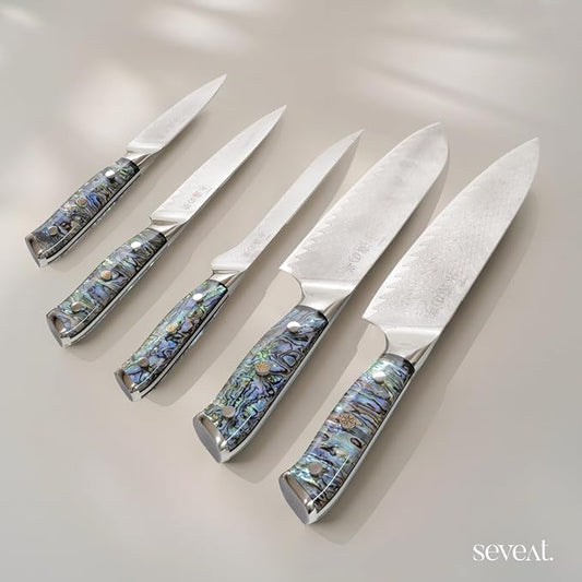 Damascus Kitchen Knife Set | 67-Layer Damascus Steel | Professional Chef Knives Set | Ergonomic Blue Shell Handle | Gift Box Included (Blue-2, 5-Piece Set)