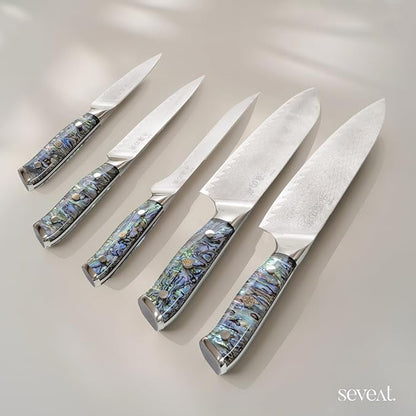 Damascus Kitchen Knife Set | 67-Layer Damascus Steel | Professional Chef Knives Set | Ergonomic Blue Shell Handle | Acacia Wood Magnetic Holder Included (Blue-3, 5-Piece Set)