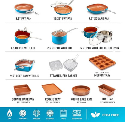 GOTHAM STEEL 20 Piece Copper Pots and Pans Set Nonstick Cookware & Ceramic Bakeware Set, PFOA PFOS Free, Dishwasher/Oven Safe to 500°F, Non Toxic, Metal Utensil Safe – Turquoise