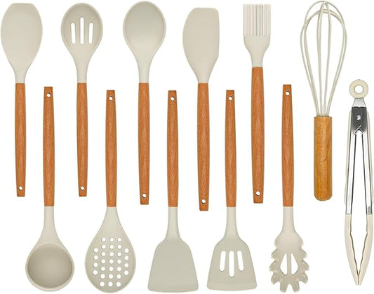 Kitchen Utensils Set - 12 Pcs Silicone Cooking Utensils Set with Wooden Handle - Heat Resistant Non-Stick BPA Free Spatula Set,Turner, Spoon, Brush, Silicone Kitchen Gadgets Utensil Set
