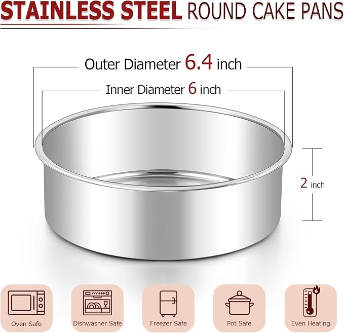 LIANYU 6 Inch Cake Pan Set of 3, Stainless Steel Round Smash Cake Baking Pans Tins, Bakeware for Birthday Wedding Party, Leak-proof & Mirror Finish, Dishwasher Safe