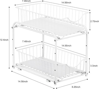 MOOACE 2-Tier Stackable Under Sink Storage Sliding Basket Organizer Drawer for Kitchen, Bathroom, Pantry, Cabinet, White