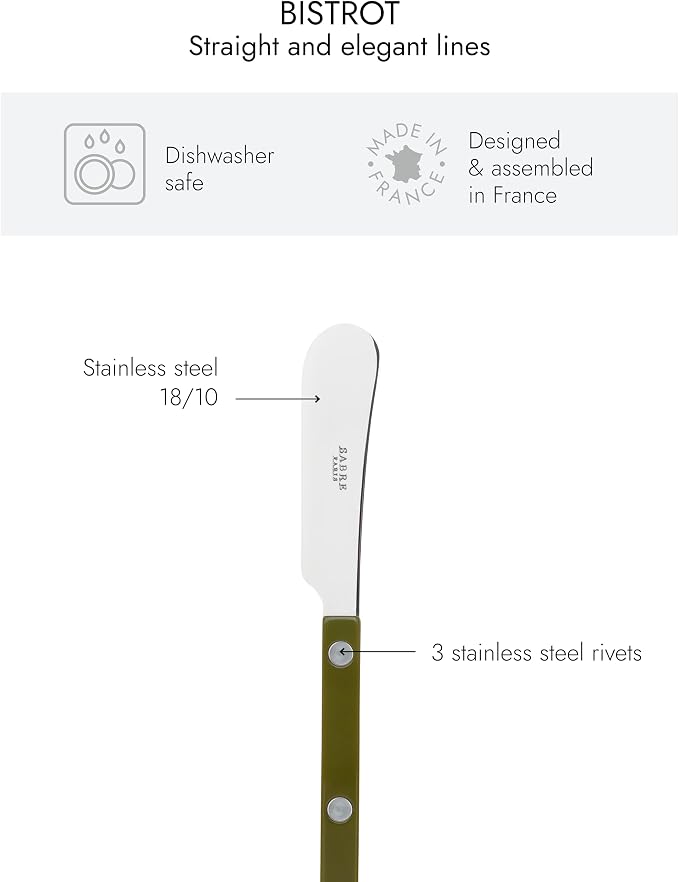 Sabre Paris - Set of 2 Spreader Knives 5.5 inches - Bistrot Collection - Perfect for Butter, Tapenades, Spreads - Stainless Steel & Nylon - Dishwasher Safe - Fern Green - Brilliant Finish