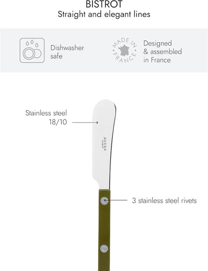 Sabre Paris - Set of 2 Spreader Knives 5.5 inches - Bistrot Collection - Perfect for Butter, Tapenades, Spreads - Stainless Steel & Nylon - Dishwasher Safe - Fern Green - Brilliant Finish