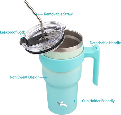 Konokyo 30 oz Tumbler with Handle and 2 Straw 2 Lid, Insulated Water Bottle Stainless Steel Vacuum Cup Reusable Travel Mug, Mint