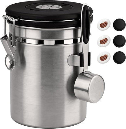 ShanSon Coffee Canister Airtight, Stainless Steel Bean Storage Container with Date Tracker & Scoop, Grounds Sugar Flour Tea Cereal Fits Kitchen Pantry, Ideal Gift for Coffee Lovers,22oz,Silver