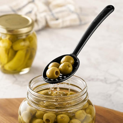Olive and Pickle Spoon Set of 4, 7-Inch Small Slotted Serving Utensils for Jars, Red and Black, Perfect for Olives, Pickles, Capers, Pepperoncini, Cherries, Dishwasher Safe, Made in USA by Pikanty
