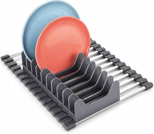 Small Roll Up Dish Drying Rack (9" x 13") - Fits Sink Openings up to 8.5", Narrow Sink Only, Square Bar, Rust-Proof, with Dish Holder (Purple Gray)