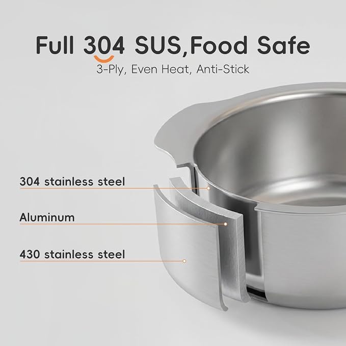6-Piece Stainless Steel Cookware Set, 304 Food-Grade Nesting Pots and Dual-Use Lids, Stackable Space-Saving Design, All Cooktops Compatible, for Cooking, Baking and Serving