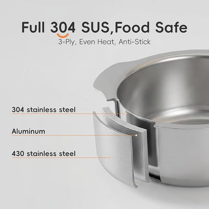 6-Piece Stainless Steel Cookware Set, 304 Food-Grade Nesting Pots and Dual-Use Lids, Stackable Space-Saving Design, All Cooktops Compatible, for Cooking, Baking and Serving