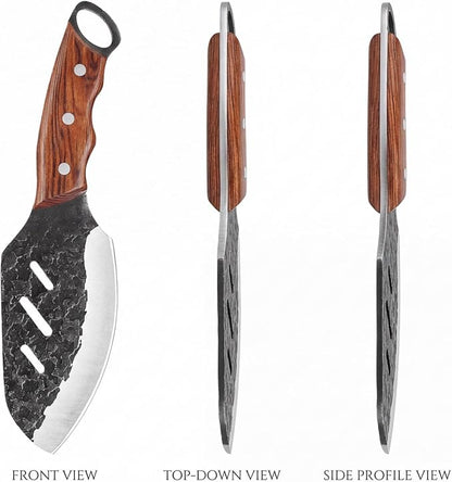 KOFERY Serbian Butcher Knife Hand Forged Viking Cleaver with Full Tang Hammered 4Cr13MoV Steel for Kitchen, Camp & BBQ | Heavy Duty Chef Knife with Pakkawood Handle, Leather Sheath & Sharpener