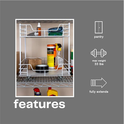 Household Essentials White Steel Two-Tier Pantry Organizer with Clean Lined Plastic Accents