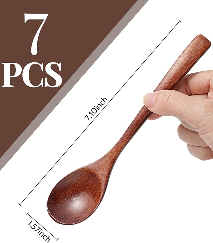 7 Pcs Wooden Spoons for Eating, Small Serving Spoon for Honey, Tea, Coffee, Soup Wood Teaspoons for Cooking, Mixing, Stirring