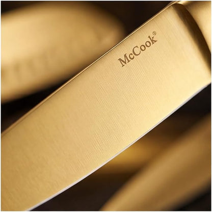 McCook® Knife Sets, Golden Titanium Stainless Steel Kitchen Knife Block Sets with Built-in Sharpener, 15 Piece Knives, Restaurant Grade Sharp, Elegant Gold & Stylish Wooden Block for Modern Culinary