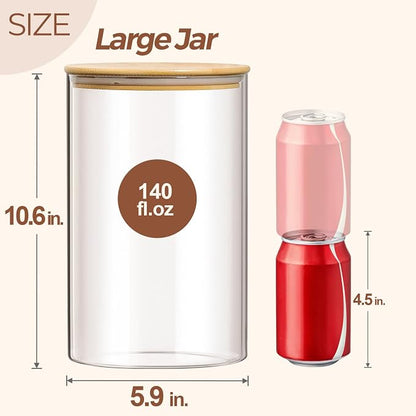 ComSaf Glass Jar with Airtight Lid (140 oz/4 liter/1.1 Gallon), Large Glass Food Storage Container with Bamboo Lid, Jars with Lids for Food
