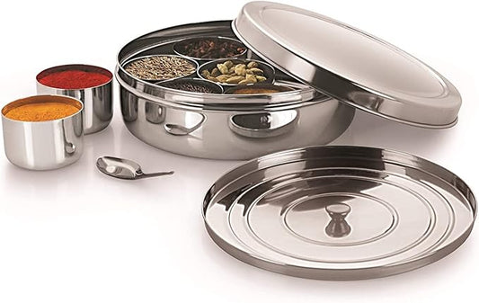 Stainless Steel Masala Dabba – 8x8 inch Indian Spice Box with 7 Compartments for Kitchen Storage