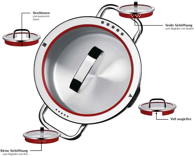 WMF Function 4 5-Piece Induction Saucepan Set, Glass Lid with 4 Pouring Functions, Polished Cromargan Stainless Steel, Induction Pots Set, Inner Scale