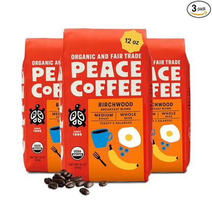 Peace Coffee Birchwood Breakfast Blend Medium Roast Whole Bean Coffee, 12 oz, Pack of 3, Organic Fair Trade, Smooth, Mild Flavor, Shade Grown, Fresh Roasted