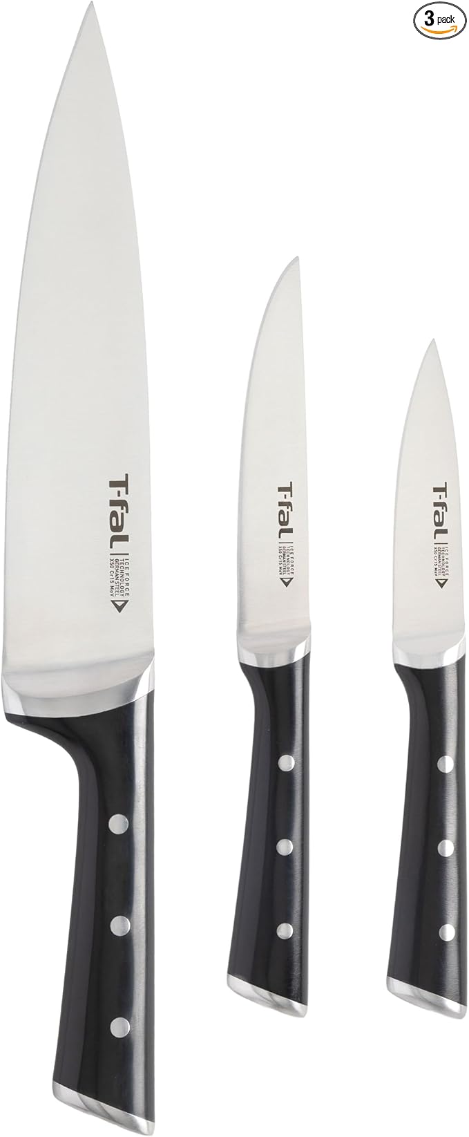 T-fal Ice Force German Stainless Steel Chef knife, Utility knife, Paring knife, 3 Piece, Long Lasting Sharpness, High Cutting Precision, Superior Durability, Ultra Sharp, Cookware Kitchen Knife, Black