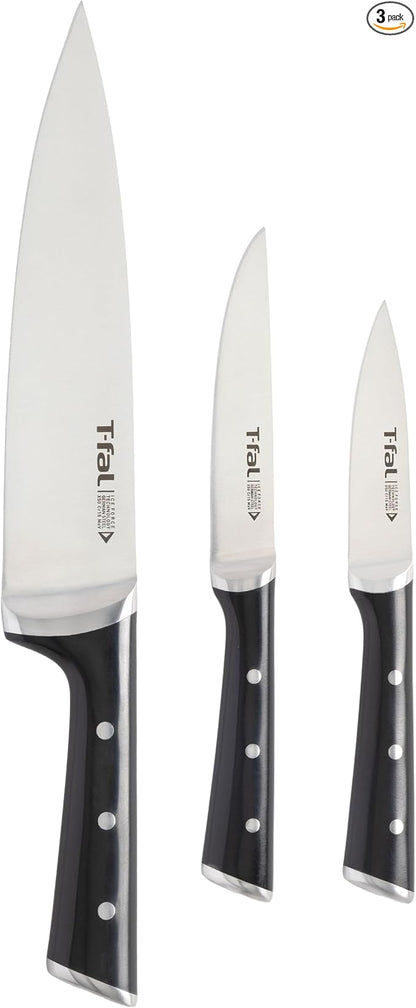 T-fal Ice Force German Stainless Steel Chef knife, Utility knife, Paring knife, 3 Piece, Long Lasting Sharpness, High Cutting Precision, Superior Durability, Ultra Sharp, Cookware Kitchen Knife, Black