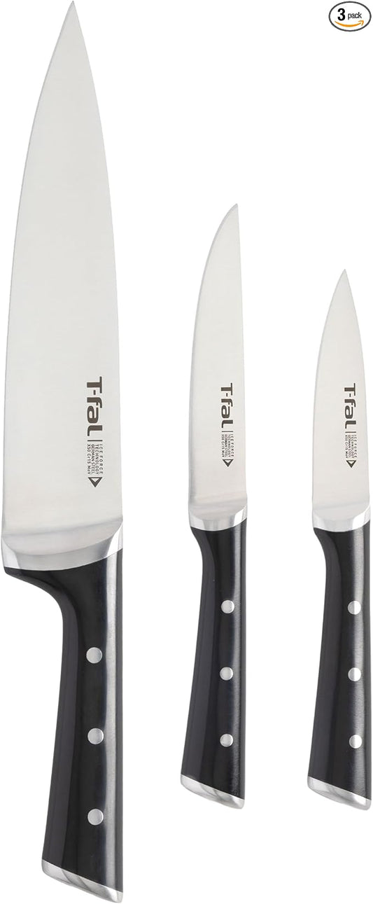 T-fal Ice Force German Stainless Steel Chef knife, Utility knife, Paring knife, 3 Piece, Long Lasting Sharpness, High Cutting Precision, Superior Durability, Ultra Sharp, Cookware Kitchen Knife, Black
