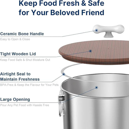 Paw Libero 2PK 25 Lbs total 50 Lbs Stainless Steel Dog Food Storage Container with Airtight Wooden Lid & Ceramic Bone Handle, Large Metal Dog Food Bin for Dogs & Cats