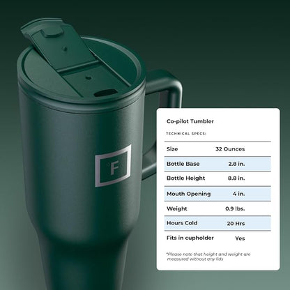 IRON °FLASK Co-Pilot Insulated Mug w/Straw & Flip Cap Lids - Cup Holder Bottle for Hot, Cold Drink - Leak-Proof - Water, Coffee Portable Travel Mug - Dark Pine, 32 Oz