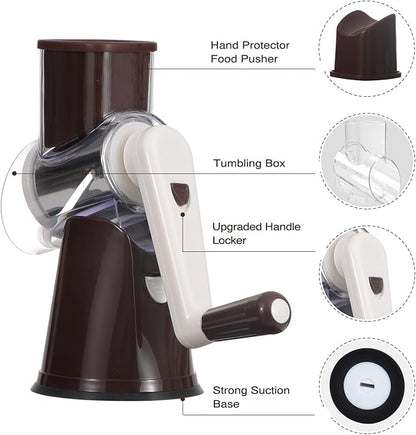 Cambom Rotary Cheese Grater Hand Crank Cheese Shredder for Fresh Cheese, Vegetable, Nuts,Non-slip Suction Base, Three Blades, Coffe Color