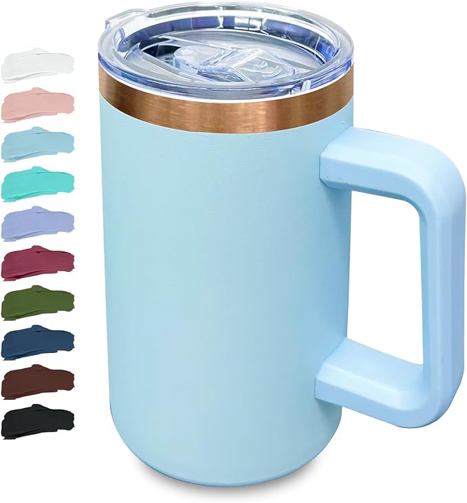 20 oz Insulated Coffee Mug with Lid, Stainless Steel Coffee Tumbler Bulk, Double Wall Vacuum Travel Mug with Handle, Leakproof Powder Coated Coffee Cups for Hot and Cold Drinks (Sky Blue,1 pack)