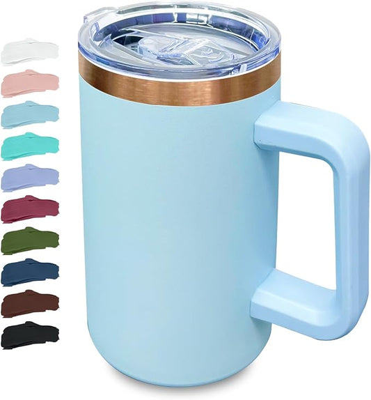 20 oz Insulated Coffee Mug with Lid, Stainless Steel Coffee Tumbler Bulk, Double Wall Vacuum Travel Mug with Handle, Leakproof Powder Coated Coffee Cups for Hot and Cold Drinks (Sky Blue,1 pack)