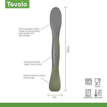 Tovolo Scoop and Spread Large Dual End Silicone Sandwich Spreader Tool with Nylon Handle, BPA Free Dishwasher Safe Silicone and Nylon Tool for Spreading and Scooping, Thyme Green and Charcoal Gray