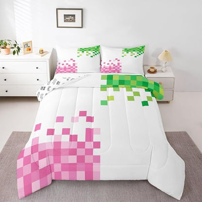 Manfei Pixelated Style Comforter Set Queen Size,Gamepad Miners Video Games Duvet Insert Adults Bedroom Decor,Miners Lattice Bedding Set,Pink Green Ultra Soft Microfiber Inner Fill 3Pcs Bedding