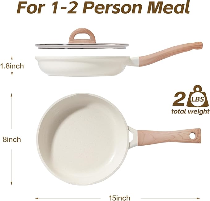 UESLUCK 8 Inch Creamic Non Stick Frying Pan With Lid- Small Creamic Skillet With lid, Egg Pan Non Stick With Cool-Touch Handle, PFAS & PTFE Free, Compatible with All Stovetops