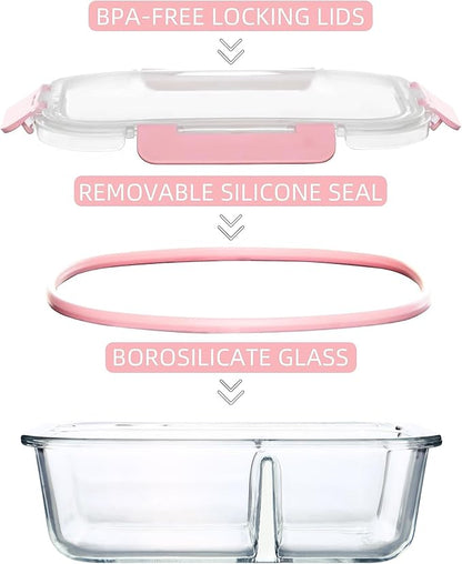 5 Pack 30oz Glass Meal Prep Containers - 2 Compartment Glass Food Storage Containers with Lids, Airtight Bento Boxes, Oven, Freezer & Dishwasher Safe