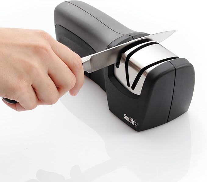 Smith’s 50029 Compact Electric Knife Sharpener , Stainless , Kitchen Knife 2 Stage Sharpener , Electric & Manual , Blade Guide , Quick Sharpening & Polishing , Straight Edge Blades , Handheld 120 V