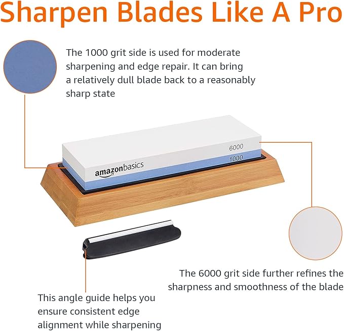 Amazon Basics Whetstone Knife Sharpening Stone, Double-Sided 1000/6000 Grit with Angle Guide, Non-Slip Bamboo Base, Black & Grey