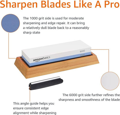 Amazon Basics Whetstone Knife Sharpening Stone, Double-Sided 1000/6000 Grit with Angle Guide, Non-Slip Bamboo Base, Black & Grey