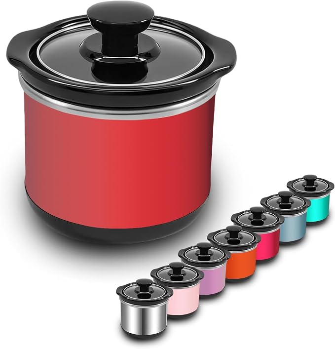 Mini Slow Cooker, 0.65 Qt Capacity small slow cooker, Ceramic Pot, Nutrient Loss Reduction, For Sauces, Stews & Dips, Round (RED)