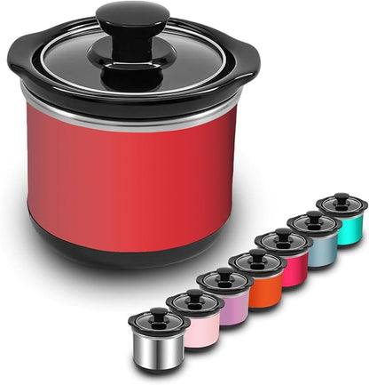 Mini Slow Cooker, 0.65 Qt Capacity small slow cooker, Ceramic Pot, Nutrient Loss Reduction, For Sauces, Stews & Dips, Round (RED)
